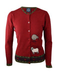 Red cardigan with embroidered animals on a white background