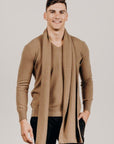 Man wearing a light brown Classic Cervelt Scarf - Kapeka NZ, Made from New Zealand Red Deer Fibre. Very Soft and rare Fibre. Only made in New Zealand