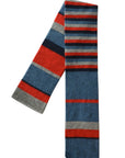 Kids multicolor striped scarf in red, blue, and gray, displayed on a white background.