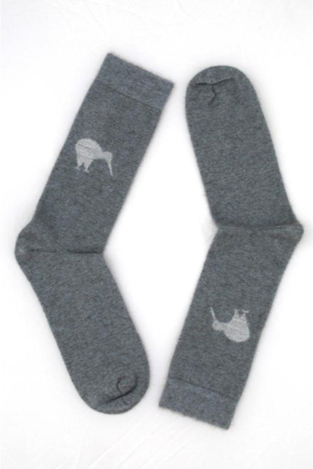 A pair of gray socks with a small kiwi bird design, displayed against a white background.