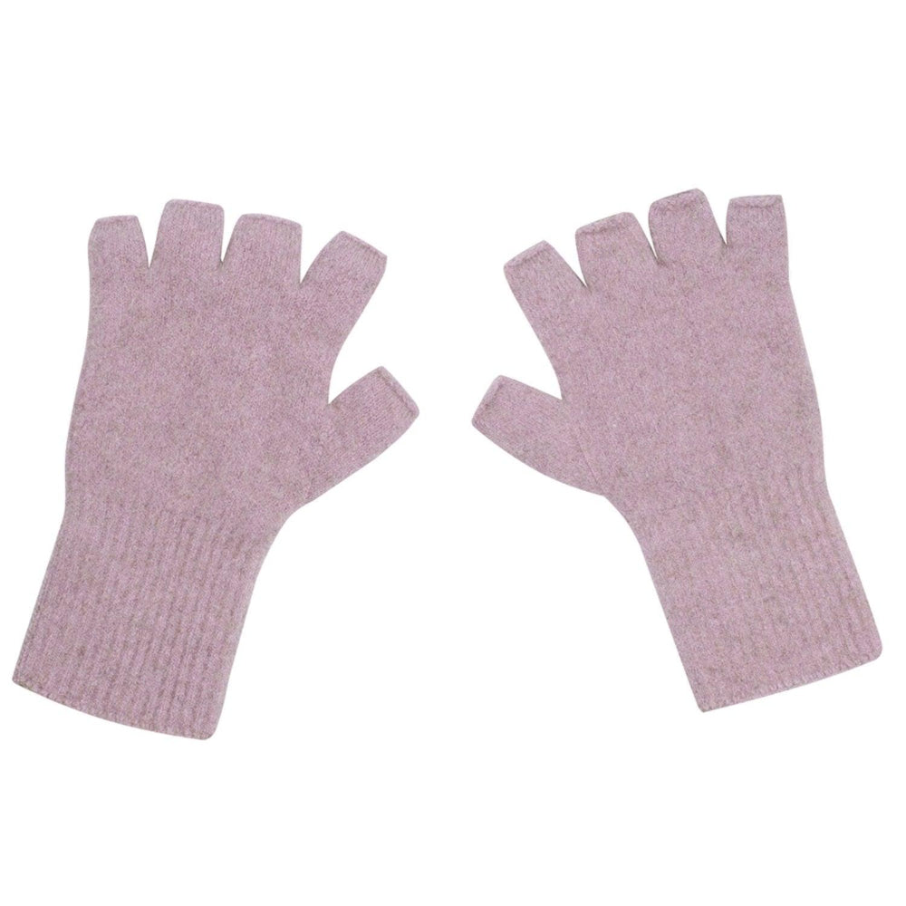 A pair of merino fingerless gloves in red, being worn by a person.