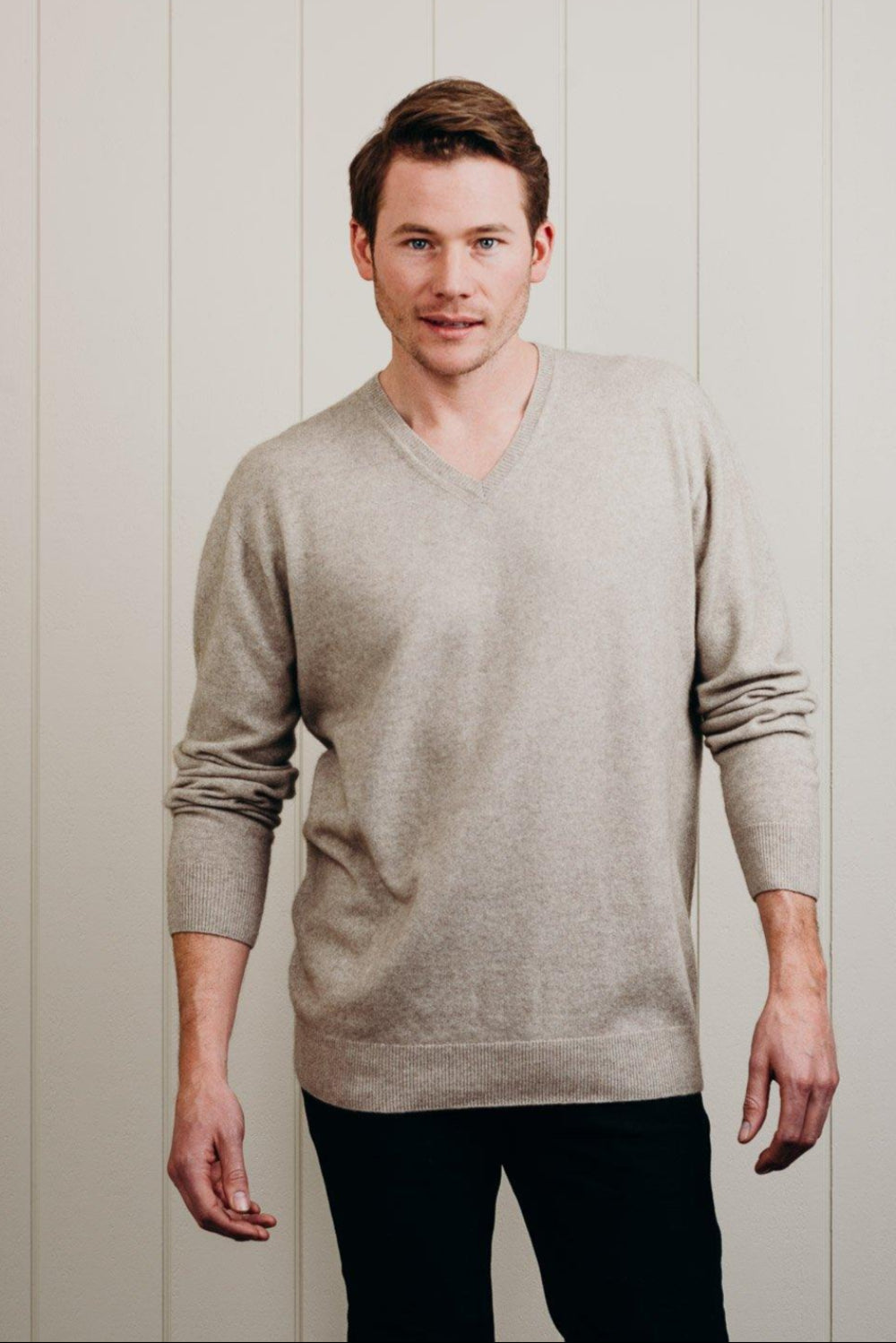 Man wearing lichen Cashmere V Neck Sweater - Kapeka NZ
