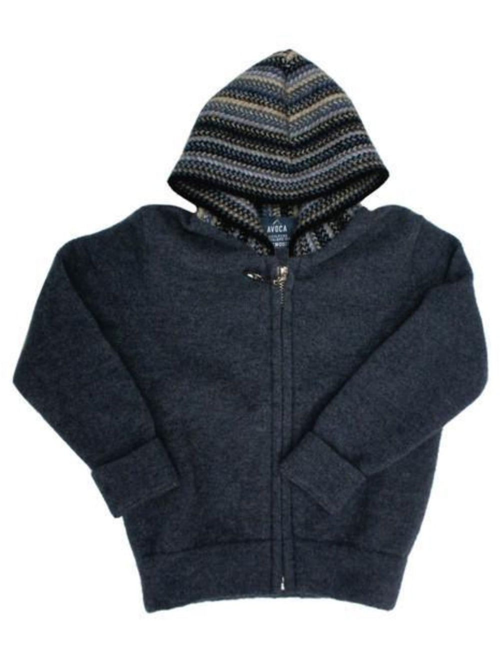 Children&#39;s navy blue hoodie with a patterned hood on a white background