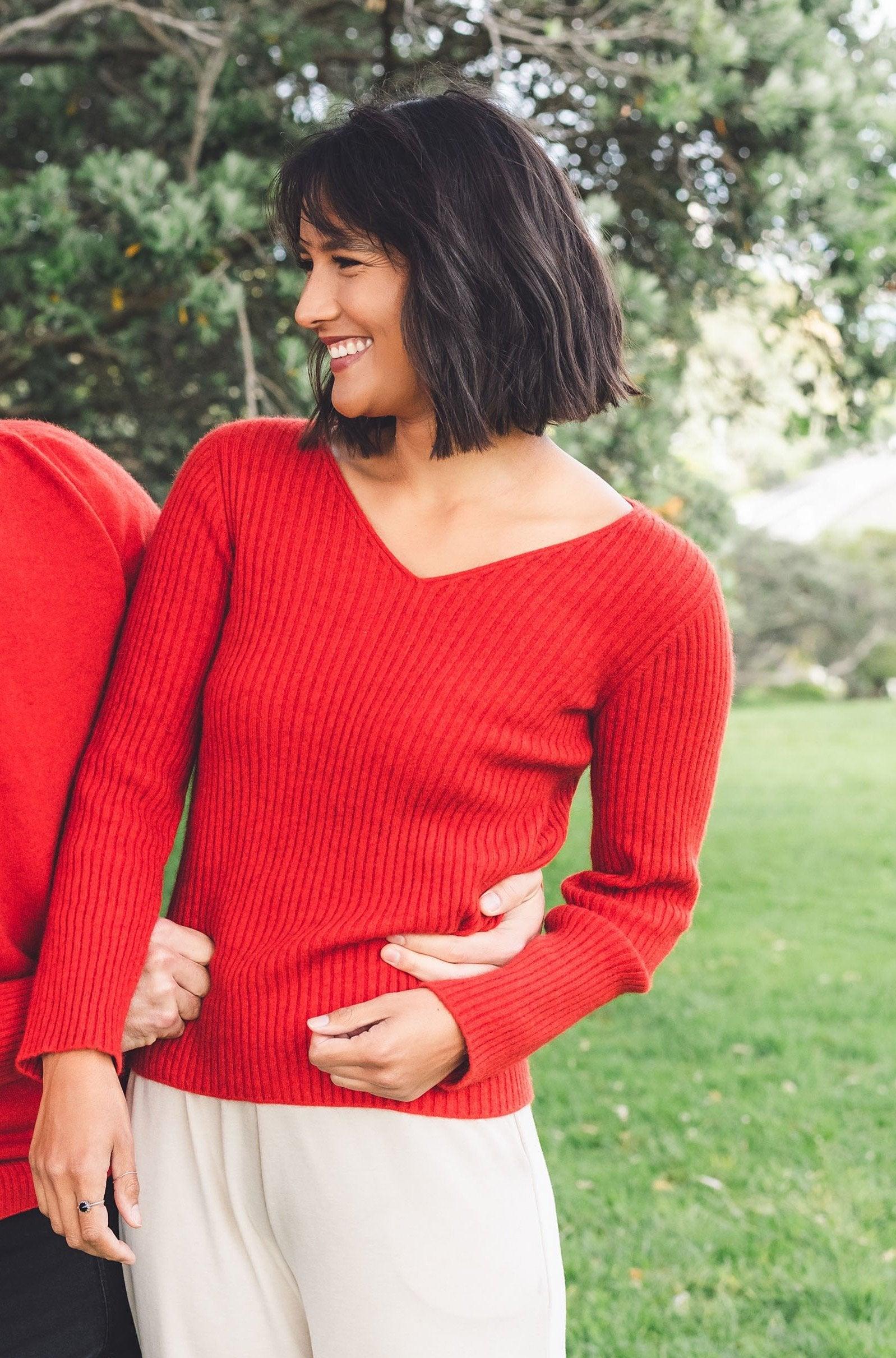 Pink Red Merino Possum V neck sweater