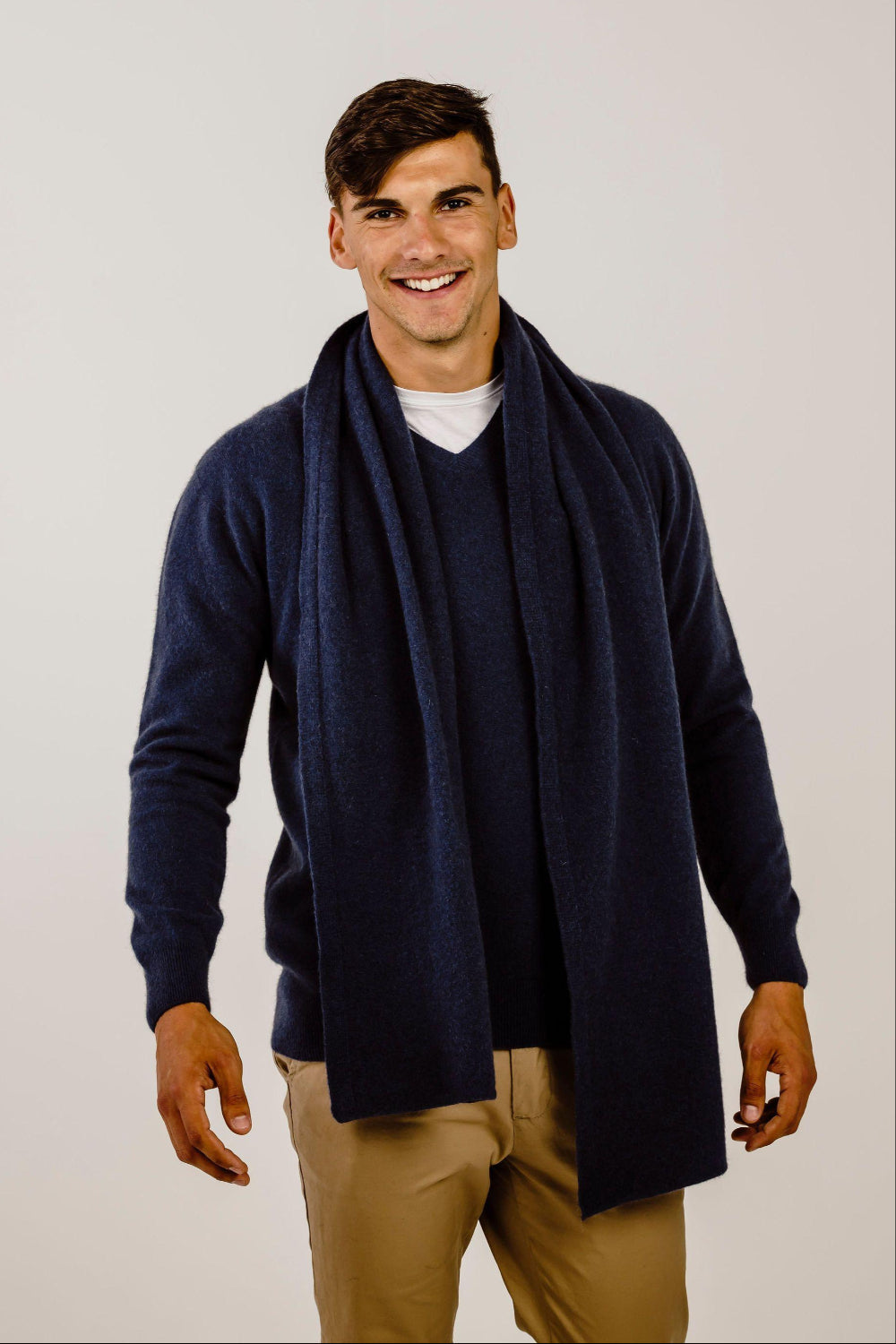Man wearing navy Cashmere V Neck Sweater - Kapeka NZ