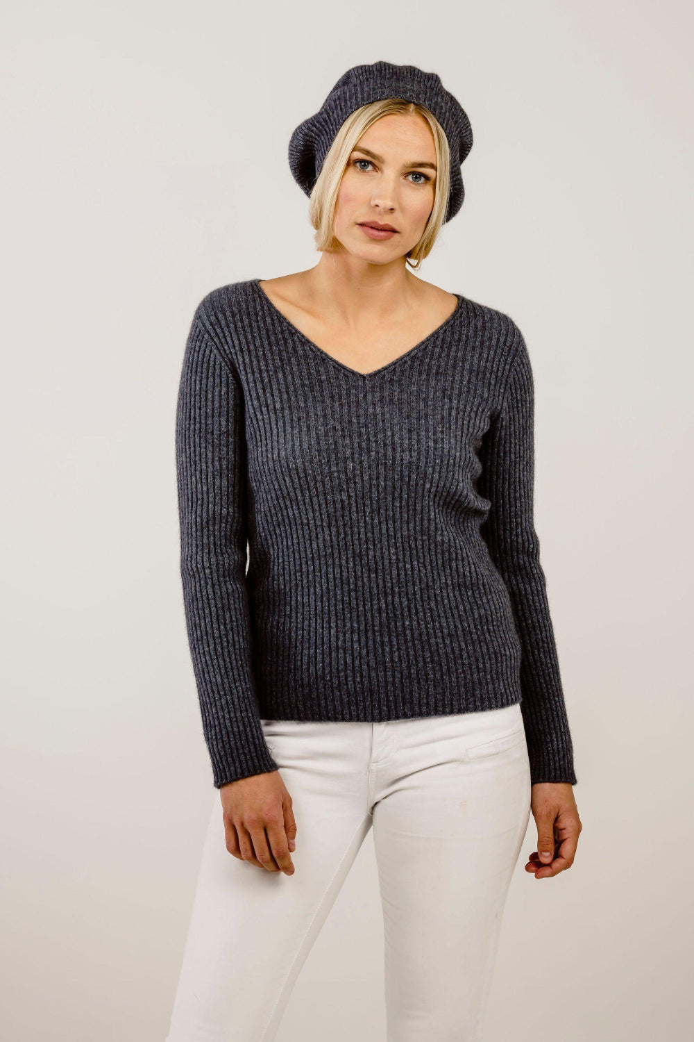 Woman wearing a Merinosilk Lakeside Sweater and beret hat- Kapeka NZ