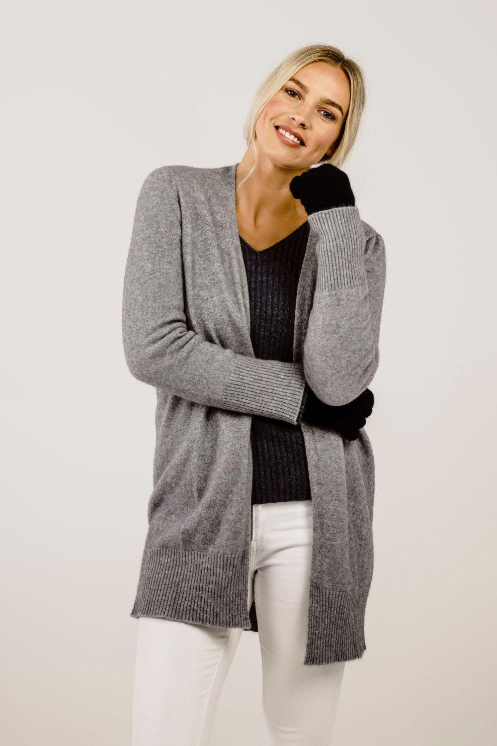 Woman wearing a Merinosilk Lakeside Sweater and cardigan - Kapeka NZ
