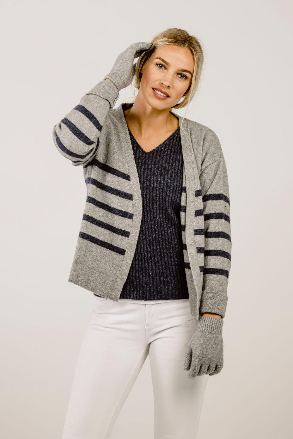 Woman wearing a Merinosilk Lakeside Sweater and cardigan - Kapeka NZ