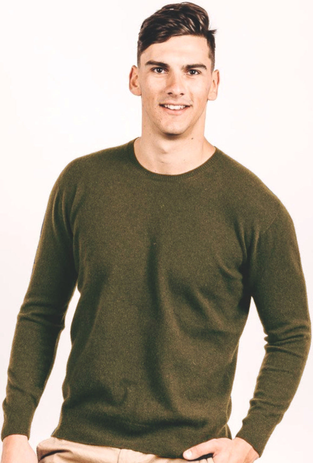 Man wearing green Merinosilk Crew Neck Sweater