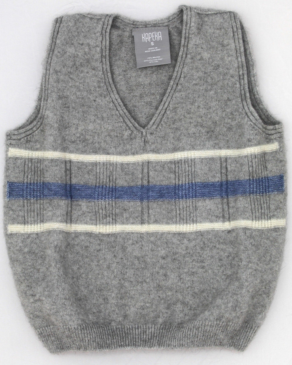 Kids&#39; sleeveless gray and blue striped vest with a round neckline and visible brand tag.